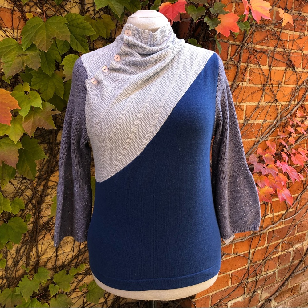 Cotton Ruched Knit Sweater Upcycled Blue Lavender Asymmetric Embody Top …
